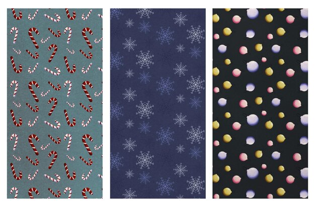 Foto conjunto de três padrões de natal e inverno. ilustração digital.