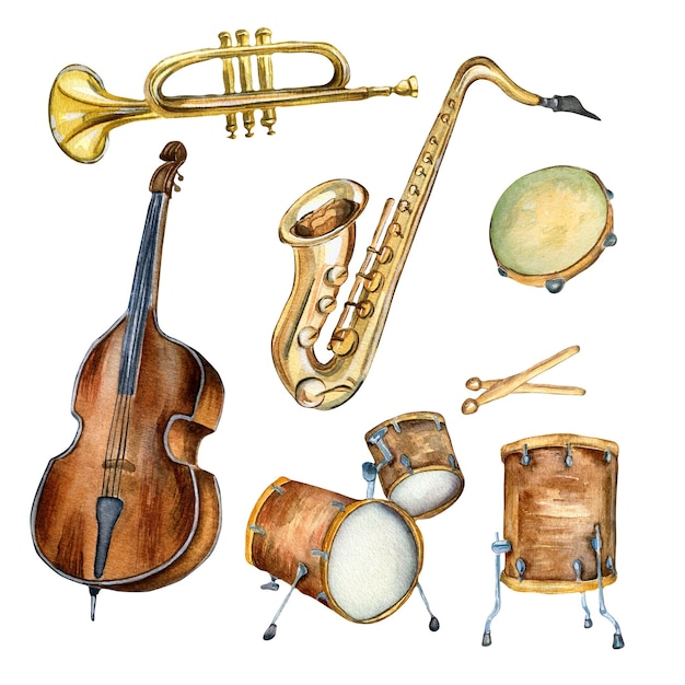 Conjunto de trompete saxofone contrabaixo instrumentos musicais ilustração em aquarela isolada