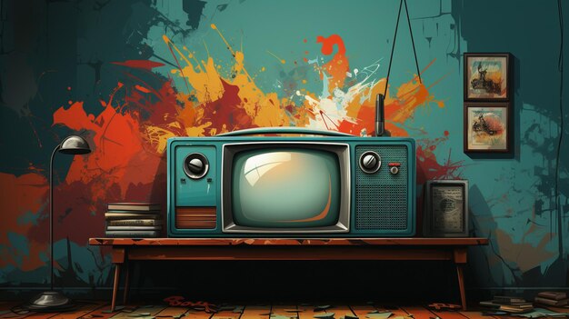 conjunto de TV com poltrona vintage e TV antiga