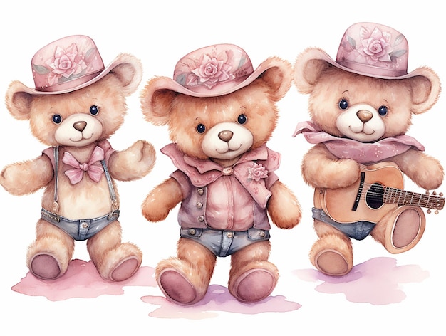 Conjunto de ursinho de pelúcia rosa Cowboy aquarela elementos de urso de peluche cortados isolados em fundo branco aquarela obra de arte ilustração de design gráfico