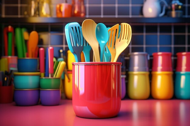 Foto conjunto de utensílios de cozinha coloridos cuidadosamente dispostos generative ai