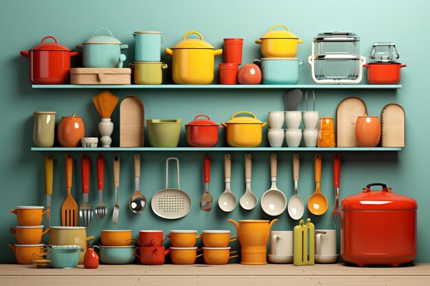 Foto conjunto de utensílios de cozinha coloridos cuidadosamente dispostos generative ai
