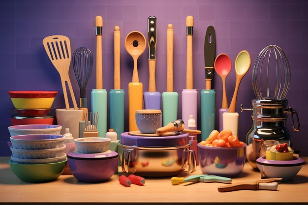 Foto conjunto de utensílios de cozinha coloridos cuidadosamente dispostos generative ai