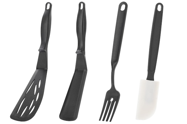 Conjunto de utensílios de cozinha e utensílios em um fundo branco e isolado. Chef trabalhando ferramentas de cozinha.