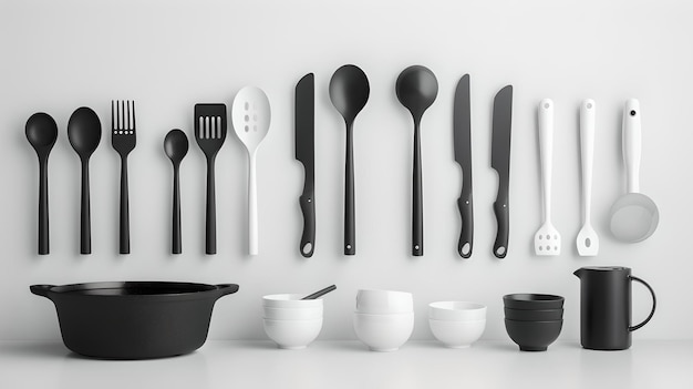 Conjunto de utensílios de cozinha minimalistas exibidos em uma prateleira coleção de ferramentas de cozinha em preto e branco apresentação de utensilios de cozinha de estilo moderno design simples e limpo AI