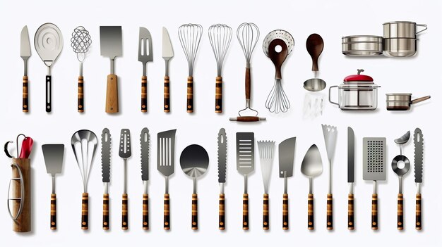 Conjunto de utensílios de cozinha Usinagem de cozinha Ferramentas e talheres para cozinhar Colecção de aparelhos e acessórios de cozinha Ilustrações planas Objetos de cozinha isolados em fundo branco