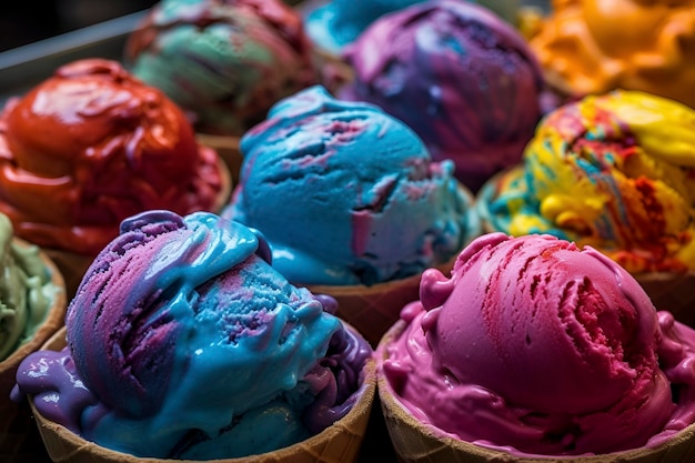 Conjunto de várias bolas de sorvete em cones de waffle isolados em fundo branco IA gerada