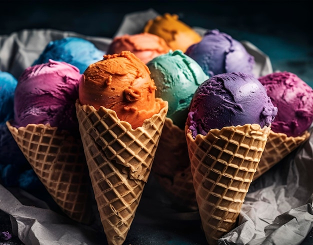 Foto conjunto de várias bolas de sorvete em cones de waffle isolados em fundo branco ia gerada