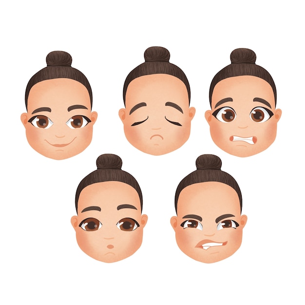 Conjunto de várias expressões da mulher feliz, zangado, triste, sorriso engraçado