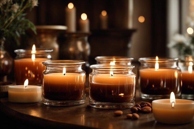 Conjunto de várias velas de aromaterapia em garrafas de vidro castanho Aromaterapia e relaxamento no spa e em casa conceito de natureza morta