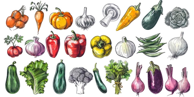 Conjunto de vários vegetais desenhados à mão Esboços de diferentes alimentos Isolados em branco