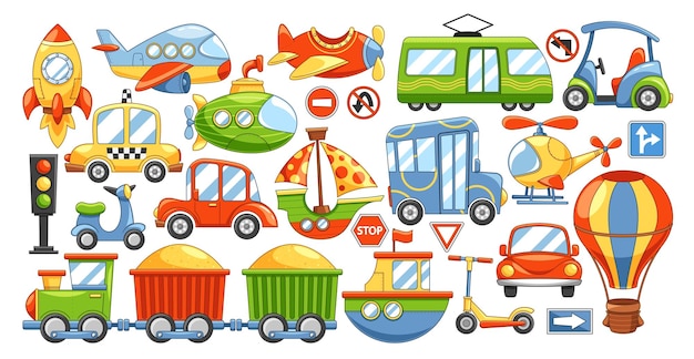 Conjunto de Vários Veículos de Transporte Vector Cars Train Plane Hot Air Balloon Boats And Scooters