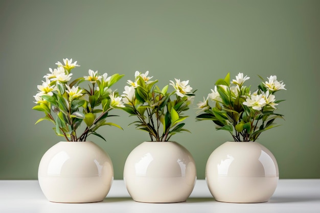 conjunto de vasos de cerâmica branca com flores silvestres de primavera contra flores de parede pastel no interior