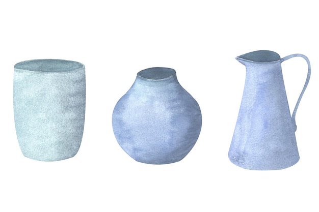 Conjunto de vasos de cerâmica minimalistas pintados em aquarela