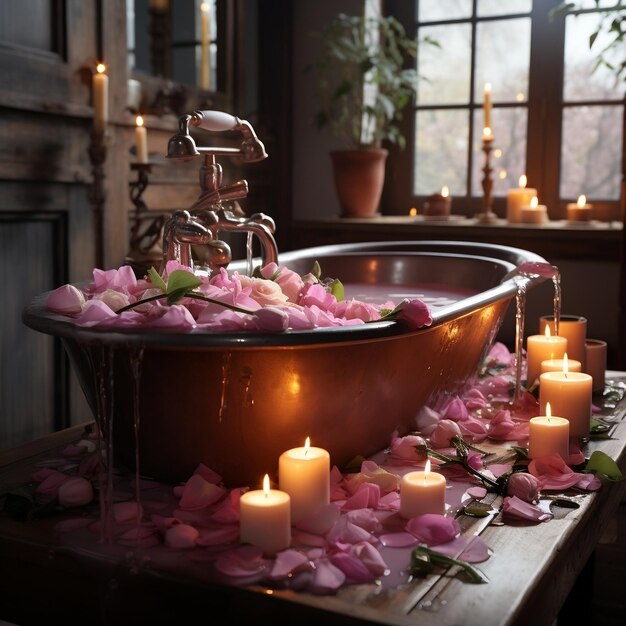 Foto conjunto de velas e pétalas de rosa para o banheiro