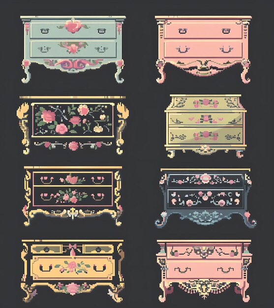 Conjunto de vestiários Shabby Chic 8 Bit Pixel com padrões florais e La Game Asset Collage Art Design