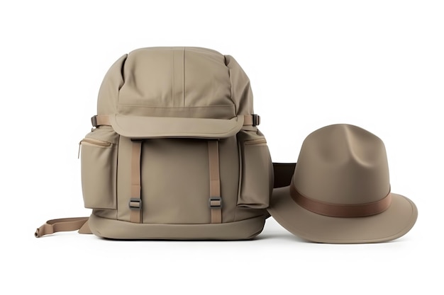Conjunto de viagem isolado em mochila de chapéu de fundo branco e botas de rede neural gerada por IA