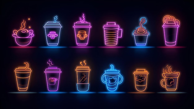 Foto conjunto de xícaras de café descartáveis ilustração em estilo néon café para levar ou levar conceito de café