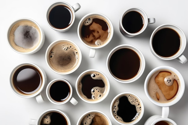 Conjunto de xícaras de café preto diferente em fundo branco Vista superior Generative AI