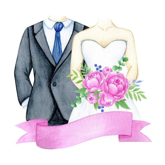 Conjunto de decoración de boda de ilustración acuarela novia y novioxA