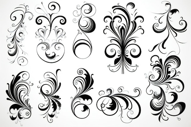 Foto conjunto de decoraciones de página de elementos de diseño de formas caligráficas de filigrana