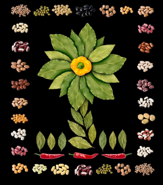 Conjunto decorativo de especias y legumbres