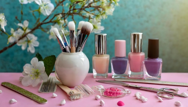 Conjunto decorativo de productos cosméticos y de manicura en una mesa