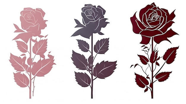 conjunto, de, decorativo, rosa, con, hojas, flor, silhoutte, blanco, plano de fondo