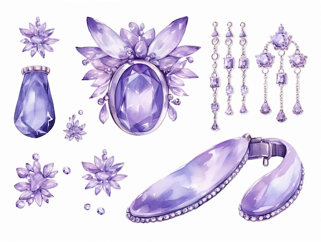 Conjunto de delicados accesorios de púrpura de un dibujo de acuarela de una princesa de hadas aislado sobre un fondo blanco de color lavanda suave