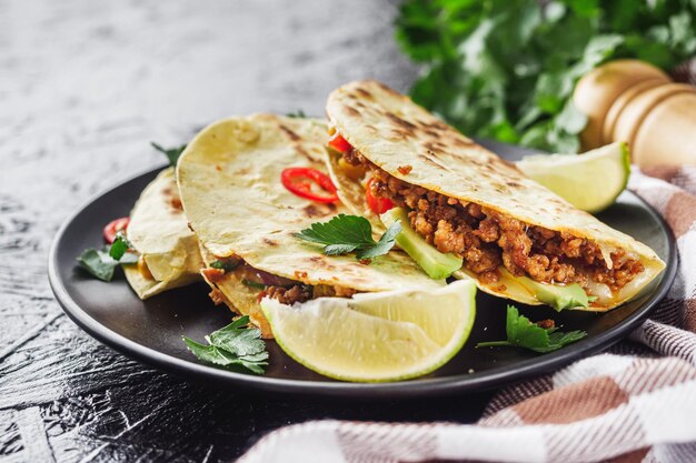 conjunto de deliciosa fresca colorida quesadilla en un fondo oscuro