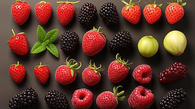 Conjunto de deliciosas bayas frescas moras fresas y frambuesas sobre un fondo oscuro