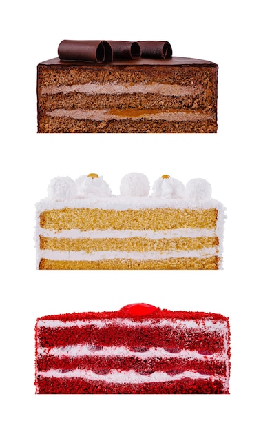 Conjunto de deliciosos pasteles que muestran ingredientes y capas