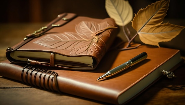 Un conjunto de diarios y bolígrafos de cuero de calidad para un escritor y un estilo de vida diario.