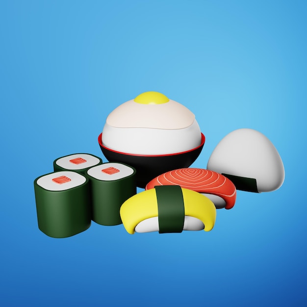 Conjunto de dibujos animados 3d de comida japonesa