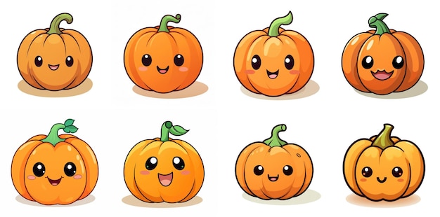 Conjunto de dibujos animados de calabazas lindas kawaii para halloween