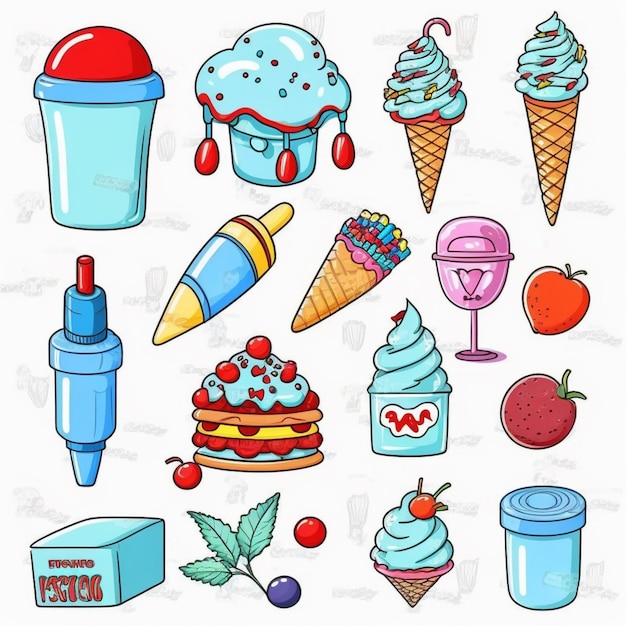 Un conjunto de dibujos animados de helados y postres generativos ai