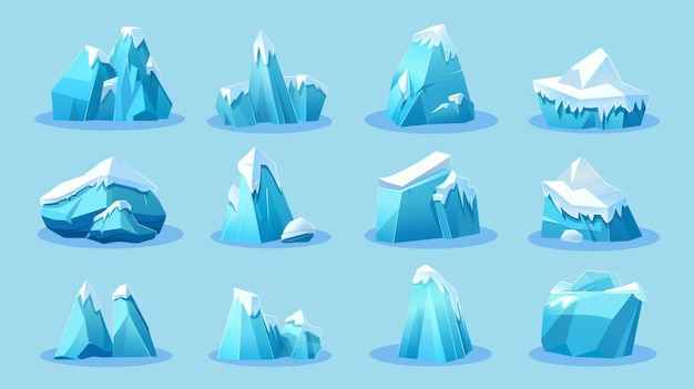 El conjunto de dibujos animados de icebergs congelados y rocas de nieve montañas árticas presenta elementos de paisaje de icebern congelados icono de agua fría de trozos de arco y glaciares flotando en el océano
