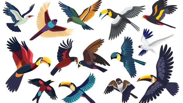 Foto un conjunto de dieciséis coloridas aves tropicales con diferentes poses las aves son de varias especies incluyendo tucanes loros y guacamayos