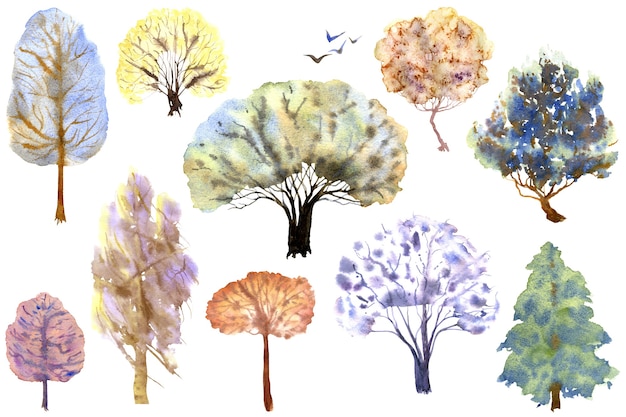 Conjunto de diez árboles de invierno sobre un fondo blanco Ilustración acuarela dibujada a mano
