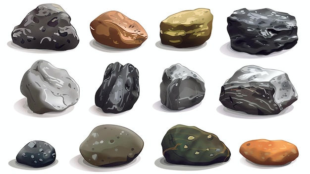 Foto un conjunto de diez diferentes rocas y piedras vectoriales realistas de varios tamaños y colores