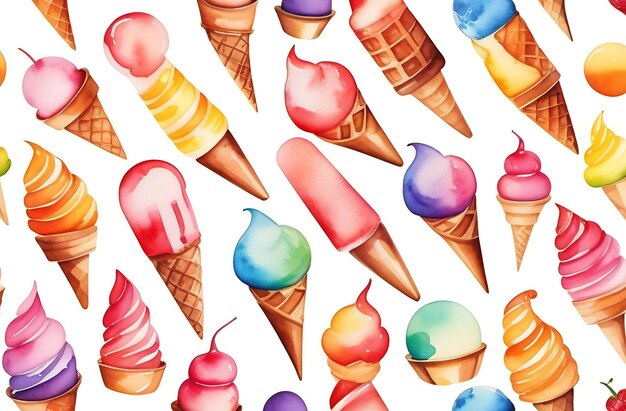 Un conjunto de diferentes bolas de helado en conos de gofre aislados en un estilo acuarela de fondo blanco
