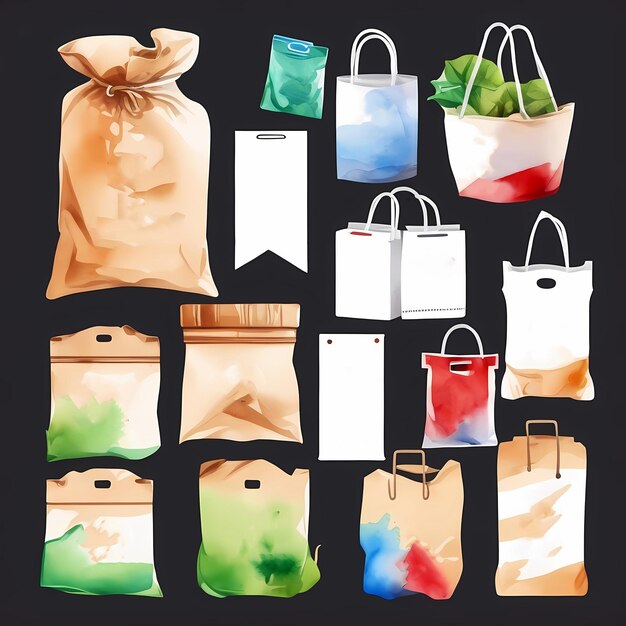 Foto conjunto de diferentes bolsas de papel acuarela pintada a mano ilustración aislada sobre fondo blanco