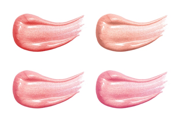 Conjunto de diferentes brillos de labios muestras de frotis de color pastel aisladas en blanco
