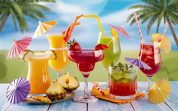 Conjunto de diferentes cócteles y jugos de verano