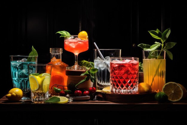 Conjunto de diferentes cócteles sobre un fondo negro Bebidas alcohólicas Cócteles alcohólicos conjunto de bebidas fuertes y aperitivos AI Generado