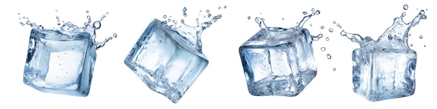 Conjunto de diferentes cubos de hielo cortados en un fondo transparente Un conjunto de cubos de Hielo derretido se descompone en diferentes direcciones Concepto de sazonado para diferentes bebidas