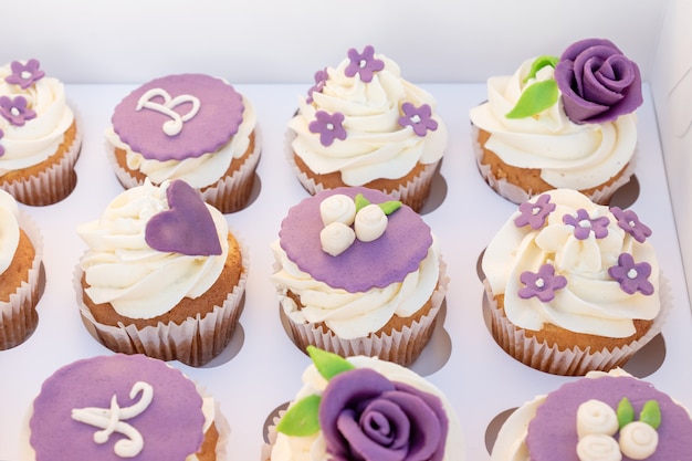 Conjunto de diferentes deliciosos cupcakes en una caja de papel para la celebración