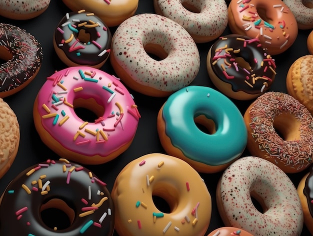 Conjunto de diferentes donuts glaseados de colores creados con tecnología de IA generativa