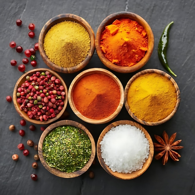 Conjunto de diferentes especias indias para la comida de meny sabrosa