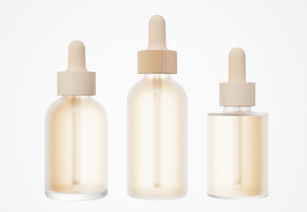 Conjunto de diferentes frascos cuentagotas de suero cosmético beige producto para el cuidado de la piel concepto de empaque diseño comercial maqueta muerta